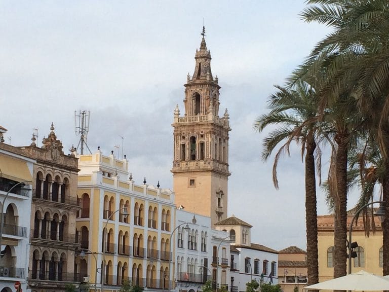 Plaza de Écija con edificaciones de balcones y arcos, torre campanario y palmeras en primer plano bajo un cielo nublado.