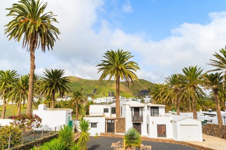 Casas blancas rodeadas de palmeras en el pueblo de Haría, Lanzarote, con montañas verdes al fondo