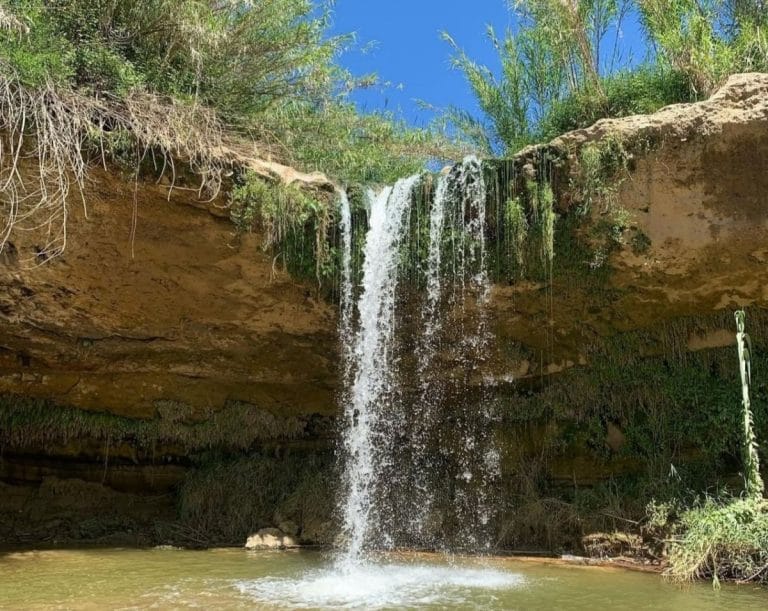 Cascada del Salt de Can Rimundet cayendo desde una pared rocosa rodeada de vegetación y con una poza en la base