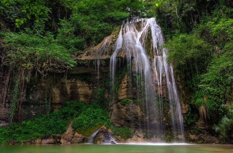 Cascada del Salt del Roure en Girona rodeada de vegetación y con agua cayendo sobre una pared rocosa